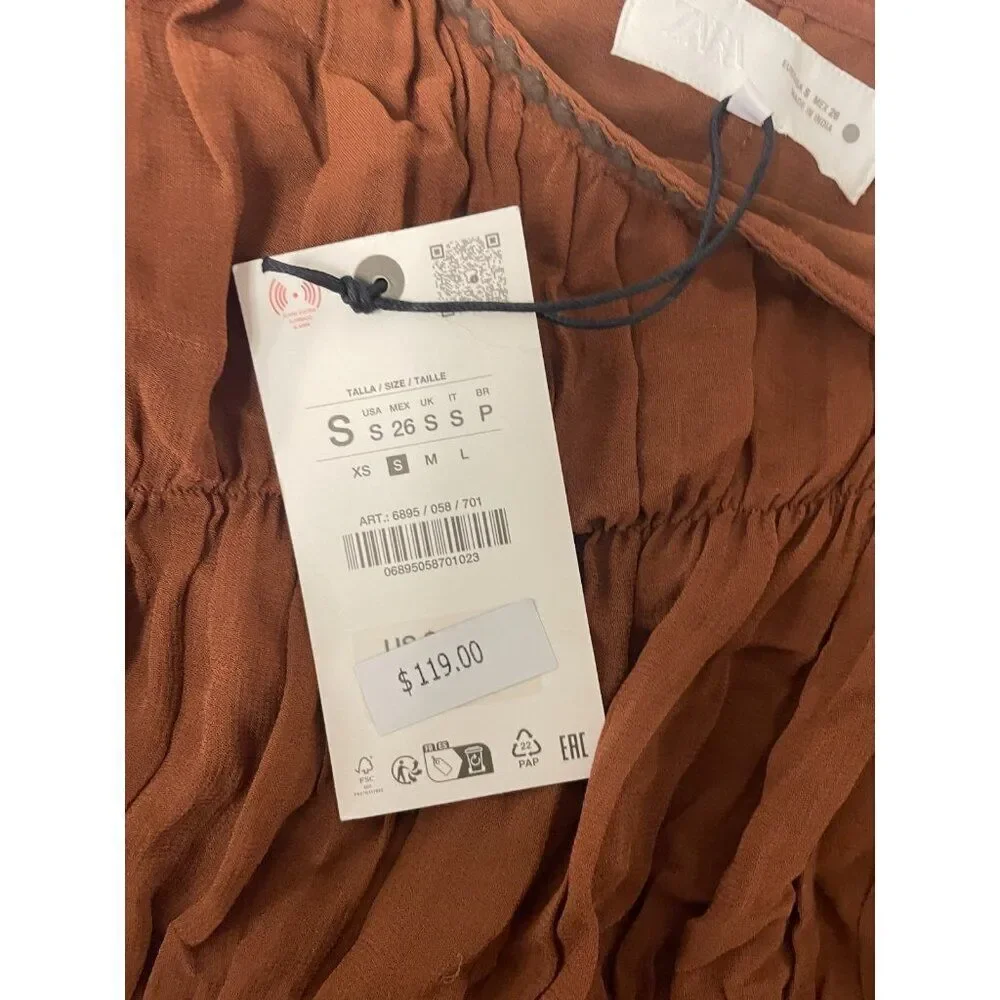 Zara ZW Womens Midi Slip Dress S Small Brown orange Embroidered 6895/058 NWT - Picture 6 of 16